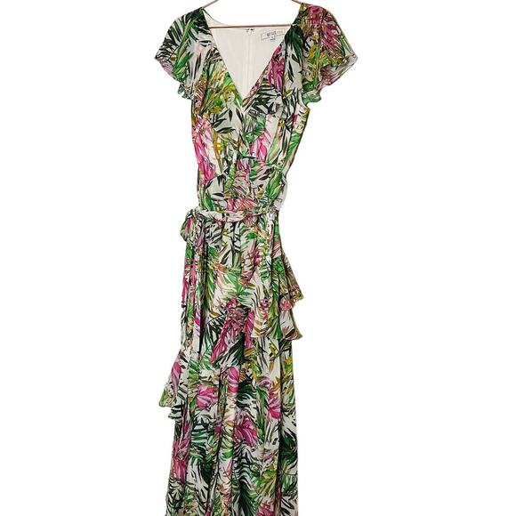 Badgley Mischka Palm Print Ruffle Pink Green Maxi Dress Size 4 - Picture 13 of 16